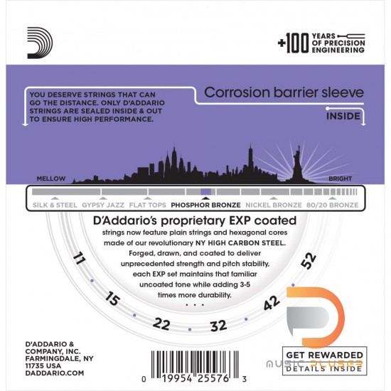 สายกีตาร์โปร่ง D’Addario EXP26 Coated Phosphor Bronze Custom Light 011-052 สายกีตาร์โปร่ง D’Addario EXP26 Coated Phosphor Bronze Custom Light 011-052