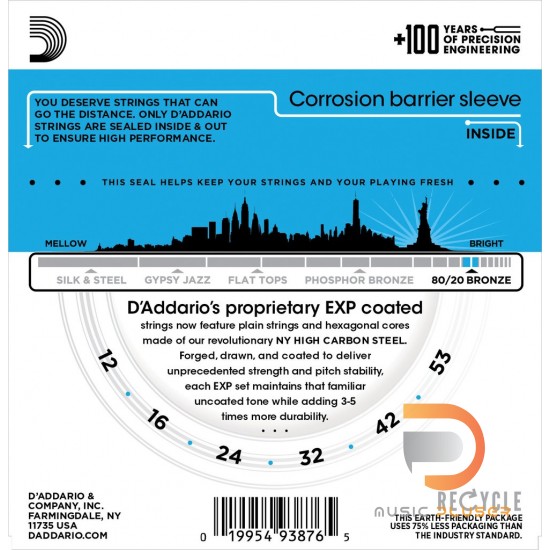 สายกีตาร์โปร่ง D’Addario EXP11 Coated 80/20 Bronze Light 012-053