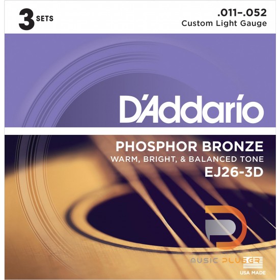 สายกีตาร์โปร่ง D’Addario EJ26-3D Phosphor Bronze Custom Light 011-052