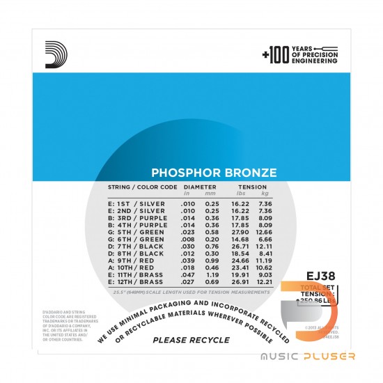 สายกีตาร์โปร่ง D’Addario EJ38 Phosphor Bronze 12-String/Light 010-047 สายกีตาร์โปร่ง D’Addario EJ38 Phosphor Bronze 12-String/Light 010-047