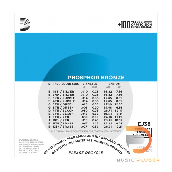 สายกีตาร์โปร่ง D’Addario EJ38 Phosphor Bronze 12-String/Light 010-047