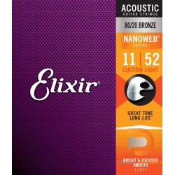 Elixir Acoustic Guitar Strings 8020 Bronze NanoWeb Coating Antirust Custom Light 011 – 052