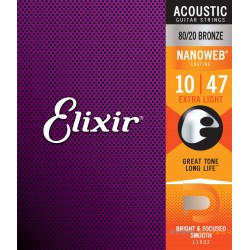 Elixir Acoustic Guitar Strings 8020 Bronze NanoWeb Coating Antirust Extra Light 010 – 047