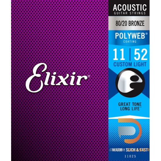 Elixir Acoustic Guitar Strings 8020 Bronze PolyWeb Coating Antirust Custom Light 011 – 052