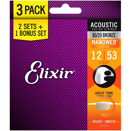 Elixir Acoustics Phosphor Bronze Nanoweb 12-53 3 Pack 2 Acoustic Set + 1 Bonus Optiweb 10-46