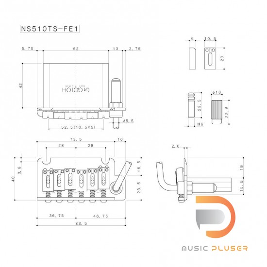 GOTOH Tremolo Unit NS510TS-FE1 Steel Saddle Stud Lock Narrow Spacing 10.5mm