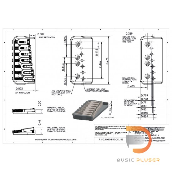 Hipshot 7 String Fixed Guitar Bridge Chrome