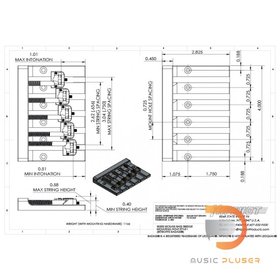 Hipshot KickAss 5 String Bass Bridge for Fender Black