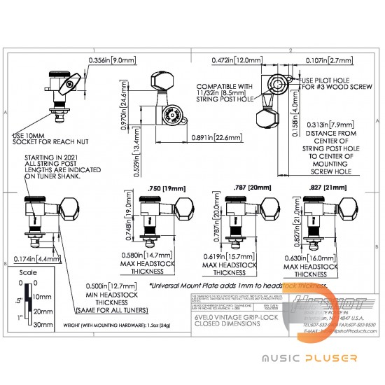 Hipshot Machine Heads Grip-Lock Closed Chrome 3+3 (8.5mm)