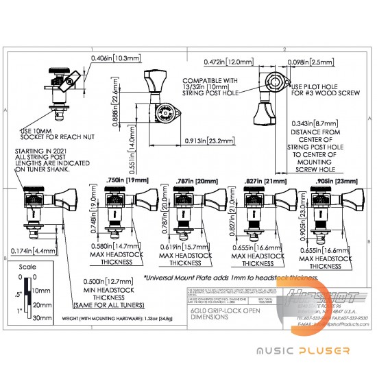 Hipshot Machine Heads Grip-Lock Open Chrome 3+3